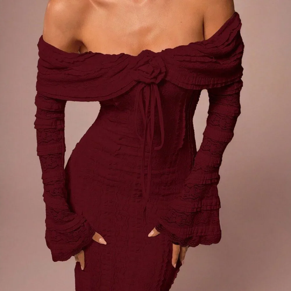 Burgundy Elegant Women's Off-Shoulder Maxi Dress - Picture 6 of 8